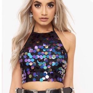 PrettyLittleThing Black and Purple Sequin Crop Top